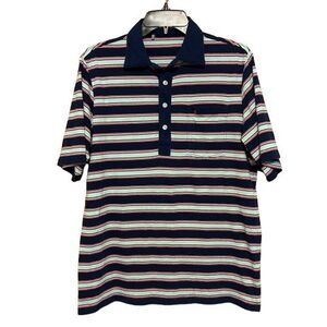 Criquet Polo Shirt Mens Medium Blue Multicolo Stripe Short Sleeve Organic Cotton